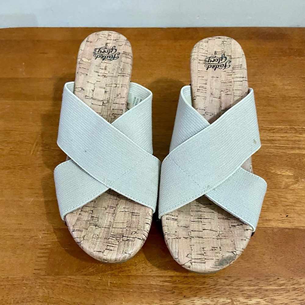 Faded Glory Beige Elastic Canvas High Heel Wedge Sandals Size